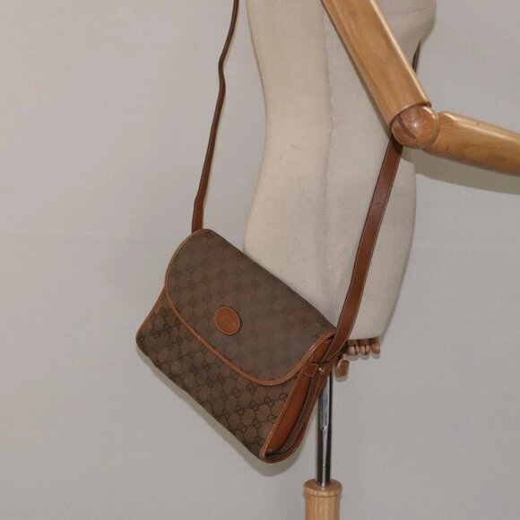 GUCCI GG Canvas Shoulder Bag Brown Gold Auth - Picture 1 of 16